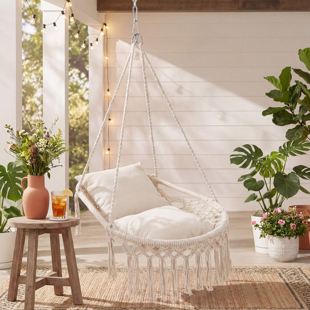 Easy to hang separately or hang together with metal rings<br>Sturdy metal frame supports up to 330 lbs<br>Spacious seat for ultimate comfort<br>Easy to fold and store the swing chair<br>Chic bohemian style with decorative fringes<br>Suitable for indoor an