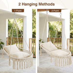 Easy to hang separately or hang together with metal rings<br>Sturdy metal frame supports up to 330 lbs<br>Spacious seat for ultimate comfort<br>Easy to fold and store the swing chair<br>Chic bohemian style with decorative fringes<br>Suitable for indoor an