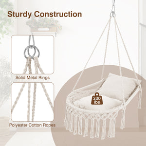 Easy to hang separately or hang together with metal rings<br>Sturdy metal frame supports up to 330 lbs<br>Spacious seat for ultimate comfort<br>Easy to fold and store the swing chair<br>Chic bohemian style with decorative fringes<br>Suitable for indoor an