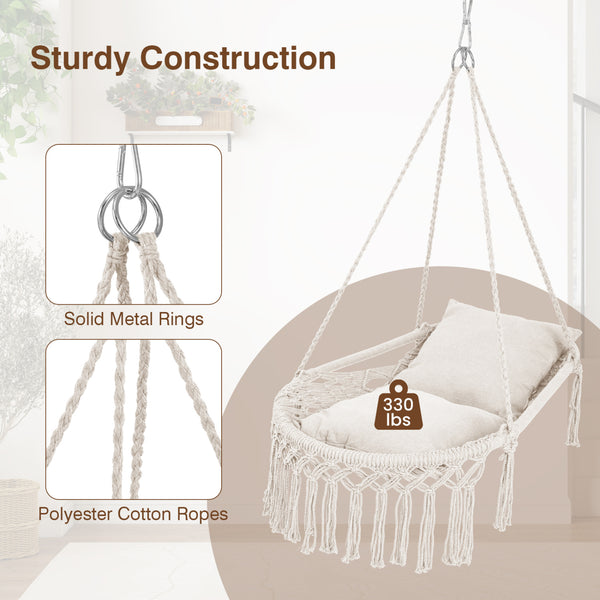 Easy to hang separately or hang together with metal rings<br>Sturdy metal frame supports up to 330 lbs<br>Spacious seat for ultimate comfort<br>Easy to fold and store the swing chair<br>Chic bohemian style with decorative fringes<br>Suitable for indoor an