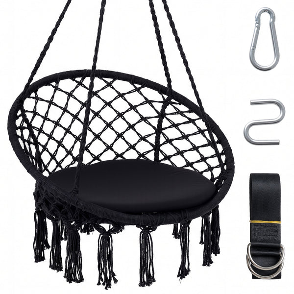 Easy to hang separately or hang together with metal rings<br>Sturdy metal frame supports up to 330 lbs<br>Spacious seat cushion for ultimate comfort<br>Easy to fold and store the swing chair<br>Chic bohemian style with decorative fringes<br>Suitable for i