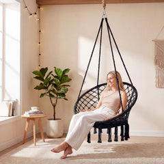 Easy to hang separately or hang together with metal rings<br>Sturdy metal frame supports up to 330 lbs<br>Spacious seat cushion for ultimate comfort<br>Easy to fold and store the swing chair<br>Chic bohemian style with decorative fringes<br>Suitable for i