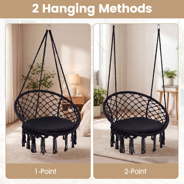 Easy to hang separately or hang together with metal rings<br>Sturdy metal frame supports up to 330 lbs<br>Spacious seat cushion for ultimate comfort<br>Easy to fold and store the swing chair<br>Chic bohemian style with decorative fringes<br>Suitable for i