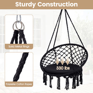 Easy to hang separately or hang together with metal rings<br>Sturdy metal frame supports up to 330 lbs<br>Spacious seat cushion for ultimate comfort<br>Easy to fold and store the swing chair<br>Chic bohemian style with decorative fringes<br>Suitable for i