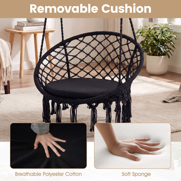 Easy to hang separately or hang together with metal rings<br>Sturdy metal frame supports up to 330 lbs<br>Spacious seat cushion for ultimate comfort<br>Easy to fold and store the swing chair<br>Chic bohemian style with decorative fringes<br>Suitable for i