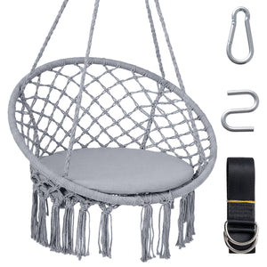 Easy to hang separately or hang together with metal rings<br>Sturdy metal frame supports up to 330 lbs<br>Spacious seat cushion for ultimate comfort<br>Easy to fold and store the swing chair<br>Chic bohemian style with decorative fringes<br>Suitable for i