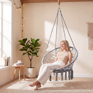 Easy to hang separately or hang together with metal rings<br>Sturdy metal frame supports up to 330 lbs<br>Spacious seat cushion for ultimate comfort<br>Easy to fold and store the swing chair<br>Chic bohemian style with decorative fringes<br>Suitable for i