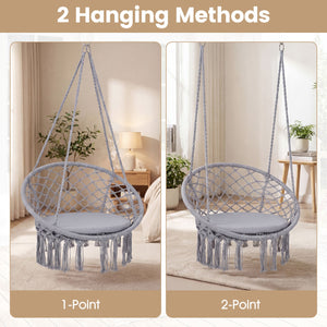 Easy to hang separately or hang together with metal rings<br>Sturdy metal frame supports up to 330 lbs<br>Spacious seat cushion for ultimate comfort<br>Easy to fold and store the swing chair<br>Chic bohemian style with decorative fringes<br>Suitable for i
