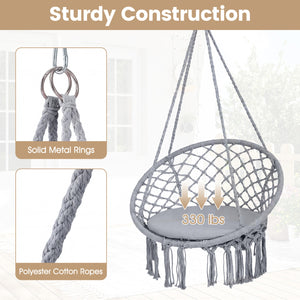 Easy to hang separately or hang together with metal rings<br>Sturdy metal frame supports up to 330 lbs<br>Spacious seat cushion for ultimate comfort<br>Easy to fold and store the swing chair<br>Chic bohemian style with decorative fringes<br>Suitable for i