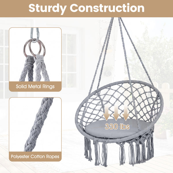 Easy to hang separately or hang together with metal rings<br>Sturdy metal frame supports up to 330 lbs<br>Spacious seat cushion for ultimate comfort<br>Easy to fold and store the swing chair<br>Chic bohemian style with decorative fringes<br>Suitable for i