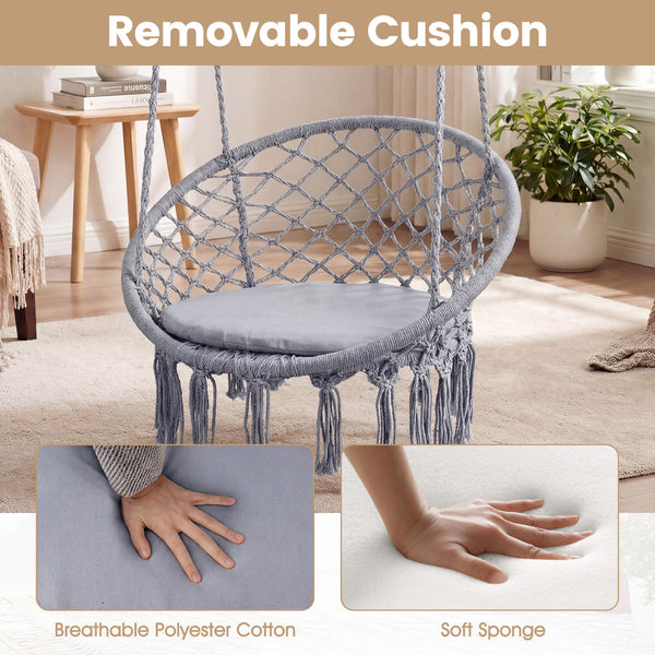 Easy to hang separately or hang together with metal rings<br>Sturdy metal frame supports up to 330 lbs<br>Spacious seat cushion for ultimate comfort<br>Easy to fold and store the swing chair<br>Chic bohemian style with decorative fringes<br>Suitable for i