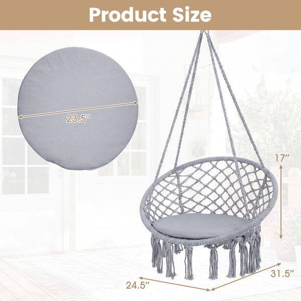 Easy to hang separately or hang together with metal rings<br>Sturdy metal frame supports up to 330 lbs<br>Spacious seat cushion for ultimate comfort<br>Easy to fold and store the swing chair<br>Chic bohemian style with decorative fringes<br>Suitable for i