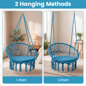 Easy to hang separately or hang together with metal rings<br>Sturdy metal frame supports up to 330 lbs<br>Spacious seat cushion for ultimate comfort<br>Easy to fold and store the swing chair<br>Chic bohemian style with decorative fringes<br>Suitable for i