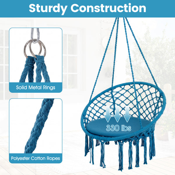 Easy to hang separately or hang together with metal rings<br>Sturdy metal frame supports up to 330 lbs<br>Spacious seat cushion for ultimate comfort<br>Easy to fold and store the swing chair<br>Chic bohemian style with decorative fringes<br>Suitable for i