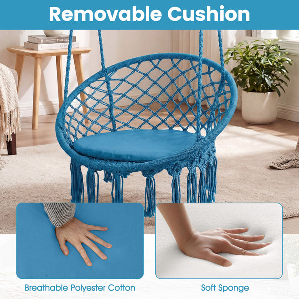 Easy to hang separately or hang together with metal rings<br>Sturdy metal frame supports up to 330 lbs<br>Spacious seat cushion for ultimate comfort<br>Easy to fold and store the swing chair<br>Chic bohemian style with decorative fringes<br>Suitable for i