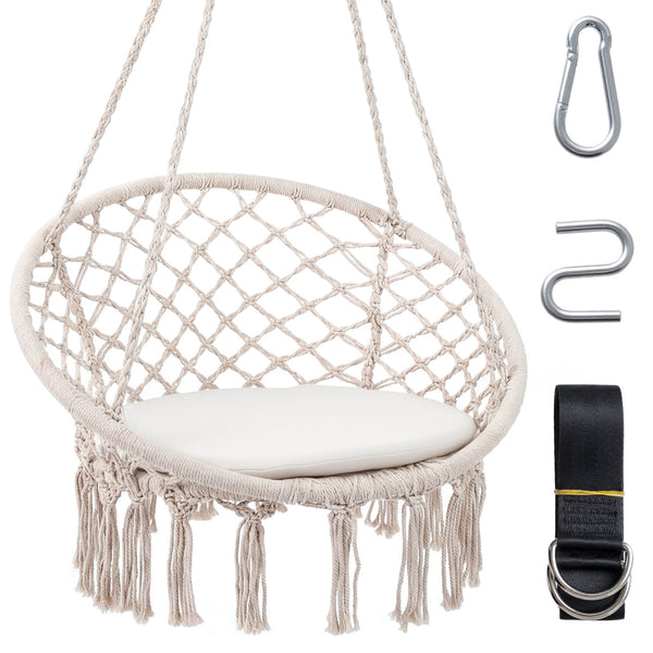 Easy to hang separately or hang together with metal rings<br>Sturdy metal frame supports up to 330 lbs<br>Spacious seat cushion for ultimate comfort<br>Easy to fold and store the swing chair<br>Chic bohemian style with decorative fringes<br>Suitable for i