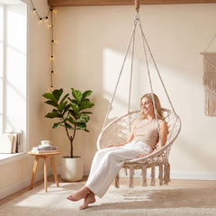 Easy to hang separately or hang together with metal rings<br>Sturdy metal frame supports up to 330 lbs<br>Spacious seat cushion for ultimate comfort<br>Easy to fold and store the swing chair<br>Chic bohemian style with decorative fringes<br>Suitable for i