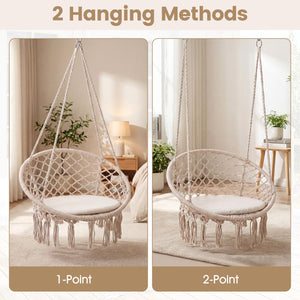 Easy to hang separately or hang together with metal rings<br>Sturdy metal frame supports up to 330 lbs<br>Spacious seat cushion for ultimate comfort<br>Easy to fold and store the swing chair<br>Chic bohemian style with decorative fringes<br>Suitable for i