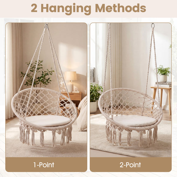 Easy to hang separately or hang together with metal rings<br>Sturdy metal frame supports up to 330 lbs<br>Spacious seat cushion for ultimate comfort<br>Easy to fold and store the swing chair<br>Chic bohemian style with decorative fringes<br>Suitable for i