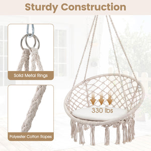 Easy to hang separately or hang together with metal rings<br>Sturdy metal frame supports up to 330 lbs<br>Spacious seat cushion for ultimate comfort<br>Easy to fold and store the swing chair<br>Chic bohemian style with decorative fringes<br>Suitable for i