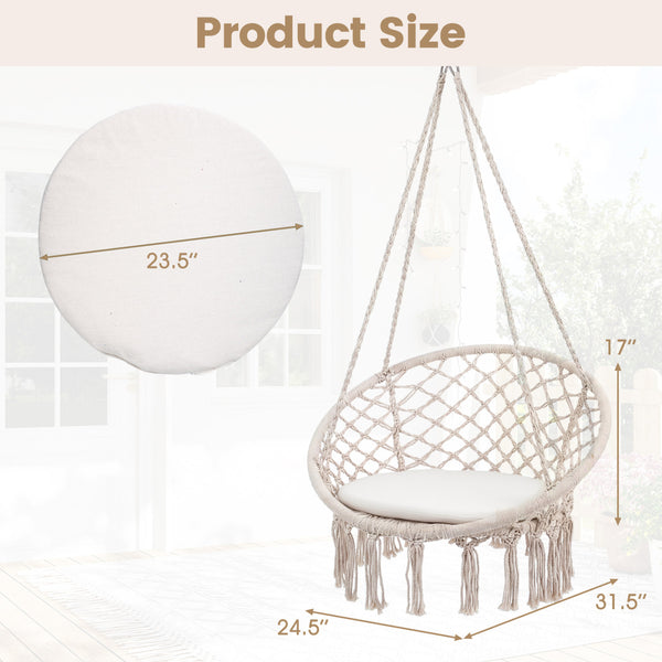 Easy to hang separately or hang together with metal rings<br>Sturdy metal frame supports up to 330 lbs<br>Spacious seat cushion for ultimate comfort<br>Easy to fold and store the swing chair<br>Chic bohemian style with decorative fringes<br>Suitable for i