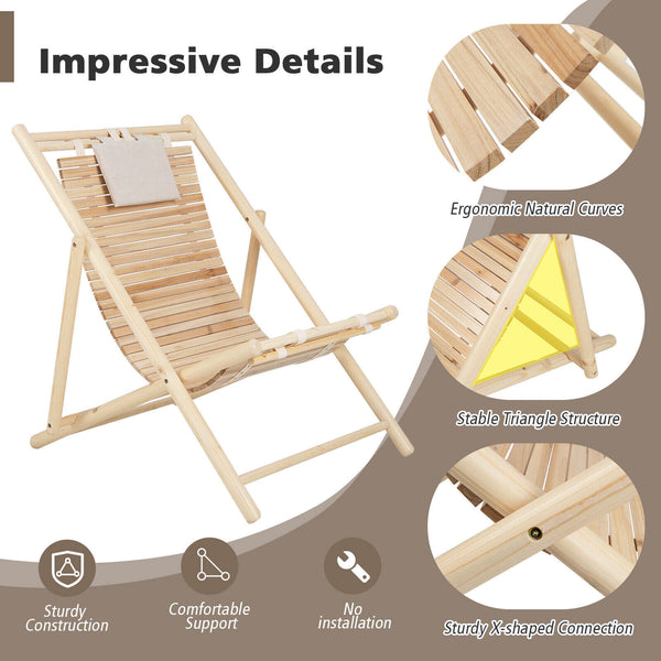 Durable to use and stable to sit with solid fir wood<br>3-level adjustable backrest for different needs<br>Fit your body perfectly thanks to its ergonomic natural curve<br>Make you feel more comfortable with soft padded headrest<br>Folding sling chair for