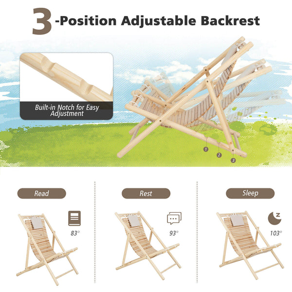 Durable to use and stable to sit with solid fir wood<br>3-level adjustable backrest for different needs<br>Fit your body perfectly thanks to its ergonomic natural curve<br>Make you feel more comfortable with soft padded headrest<br>Folding sling chair for