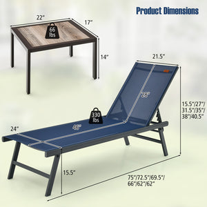 6-level adjustable backrest satisfies your different needs<br>Lightweight yet anti-deformation aluminum frame for high stability<br>Anti-slip footpads of chaise lounges protect the ground<br>Breathable seat fabric offers more comfort<br>Coffee table makes