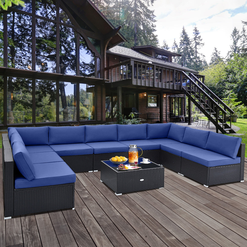 Spacious sitting area accommodates lots of people<br>Soft and elastic seat and back cushions for more comfort<br>Smooth zippers make cushion covers easy to remove and clean<br>4 suction cups fix the tempered glass tabletop in place<br>Heavy-duty metal fra