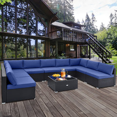 Spacious sitting area accommodates lots of people<br>Soft and elastic seat and back cushions for more comfort<br>Smooth zippers make cushion covers easy to remove and clean<br>4 suction cups fix the tempered glass tabletop in place<br>Heavy-duty metal fra
