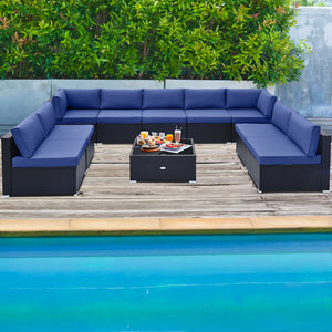 Spacious sitting area accommodates lots of people<br>Soft and elastic seat and back cushions for more comfort<br>Smooth zippers make cushion covers easy to remove and clean<br>4 suction cups fix the tempered glass tabletop in place<br>Heavy-duty metal fra