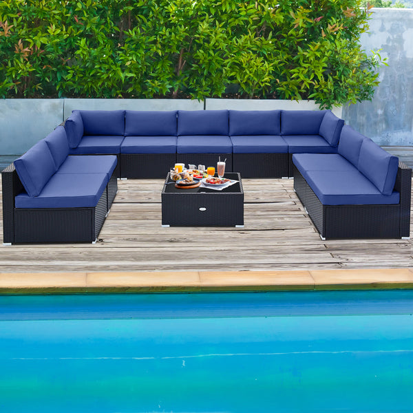 Spacious sitting area accommodates lots of people<br>Soft and elastic seat and back cushions for more comfort<br>Smooth zippers make cushion covers easy to remove and clean<br>4 suction cups fix the tempered glass tabletop in place<br>Heavy-duty metal fra