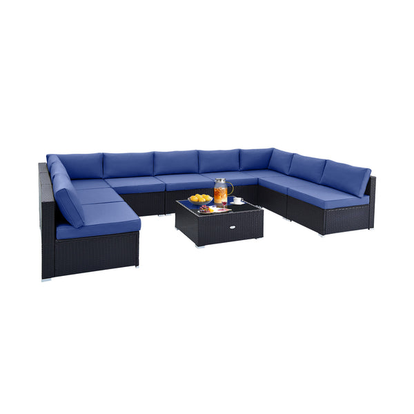 Spacious sitting area accommodates lots of people<br>Soft and elastic seat and back cushions for more comfort<br>Smooth zippers make cushion covers easy to remove and clean<br>4 suction cups fix the tempered glass tabletop in place<br>Heavy-duty metal fra
