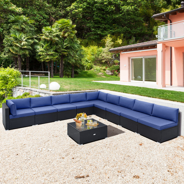 Spacious sitting area accommodates lots of people<br>Soft and elastic seat and back cushions for more comfort<br>Smooth zippers make cushion covers easy to remove and clean<br>4 suction cups fix the tempered glass tabletop in place<br>Heavy-duty metal fra
