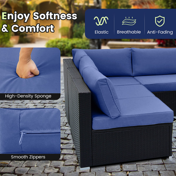 Spacious sitting area accommodates lots of people<br>Soft and elastic seat and back cushions for more comfort<br>Smooth zippers make cushion covers easy to remove and clean<br>4 suction cups fix the tempered glass tabletop in place<br>Heavy-duty metal fra