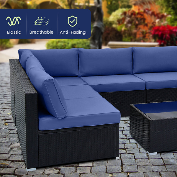 Spacious sitting area accommodates lots of people<br>Soft and elastic seat and back cushions for more comfort<br>Smooth zippers make cushion covers easy to remove and clean<br>4 suction cups fix the tempered glass tabletop in place<br>Heavy-duty metal fra