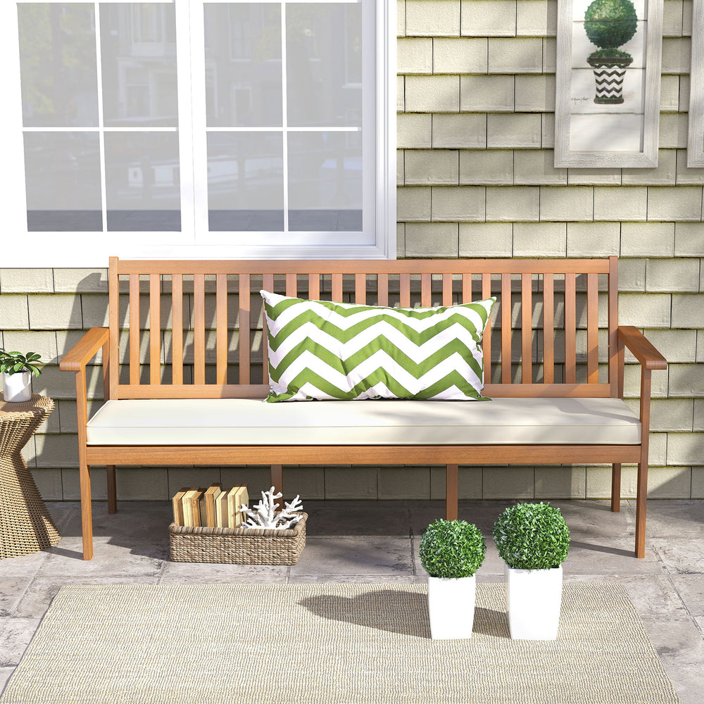Extra wide bench seats up to 3 people at the same time<br>Withstand 1200 lbs heavy weight<br>High-quality acacia wood brings more elegance and durability<br>Sit with more coziness with the ergonomic seat<br>Soft seat cushion makes you more comfortable<br>