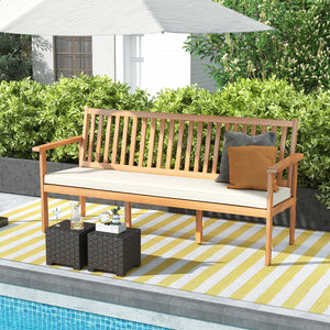 Extra wide bench seats up to 3 people at the same time<br>Withstand 1200 lbs heavy weight<br>High-quality acacia wood brings more elegance and durability<br>Sit with more coziness with the ergonomic seat<br>Soft seat cushion makes you more comfortable<br>