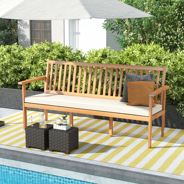 Extra wide bench seats up to 3 people at the same time<br>Withstand 1200 lbs heavy weight<br>High-quality acacia wood brings more elegance and durability<br>Sit with more coziness with the ergonomic seat<br>Soft seat cushion makes you more comfortable<br>