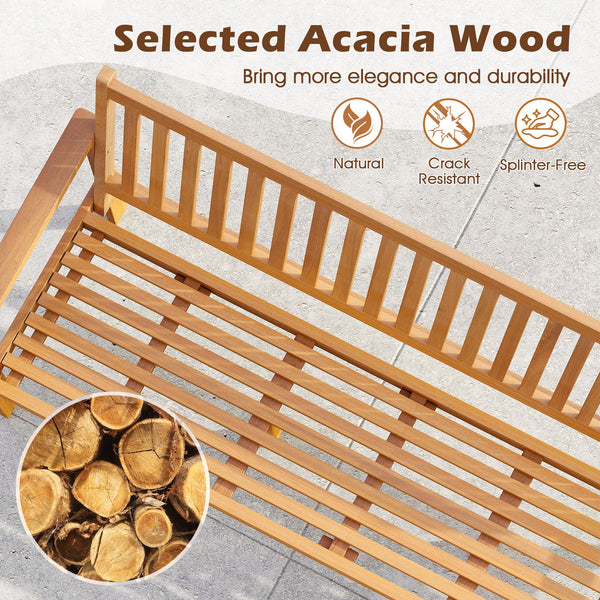 Extra wide bench seats up to 3 people at the same time<br>Withstand 1200 lbs heavy weight<br>High-quality acacia wood brings more elegance and durability<br>Sit with more coziness with the ergonomic seat<br>Soft seat cushion makes you more comfortable<br>