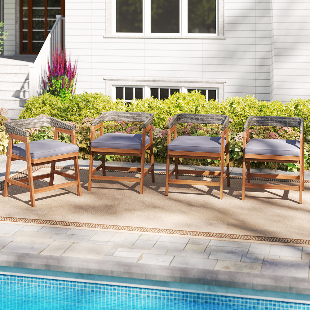 Constructed of high-quality acacia wood for strong support<br>Strengthened by sturdy crossbars and adjustable footpads<br>Premium rattan for more elegance and long-lasting use<br>Ergonomic backrest makes your more relaxed<br>Soft padded seat cushions for 