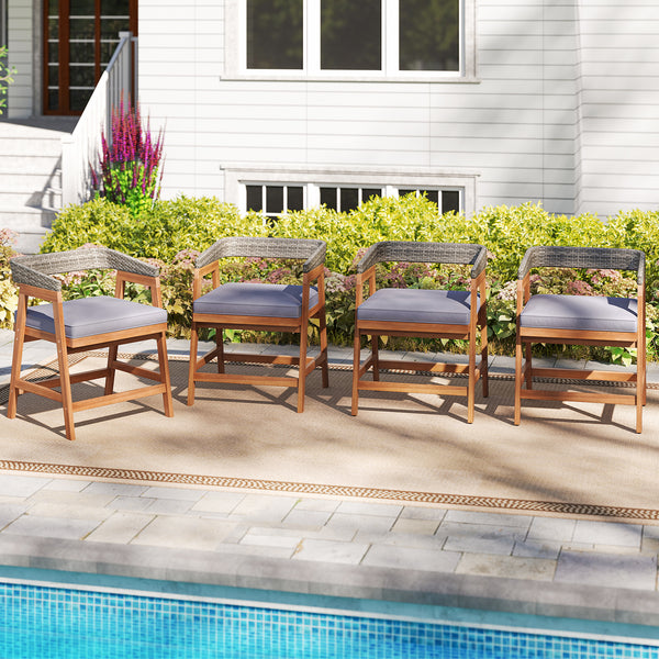 Constructed of high-quality acacia wood for strong support<br>Strengthened by sturdy crossbars and adjustable footpads<br>Premium rattan for more elegance and long-lasting use<br>Ergonomic backrest makes your more relaxed<br>Soft padded seat cushions for 