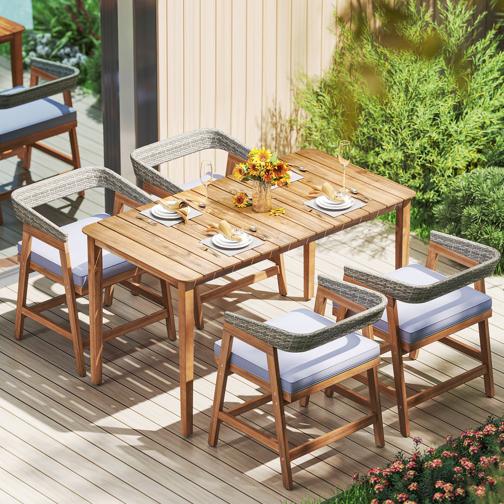 Constructed of high-quality acacia wood for strong support<br>Strengthened by sturdy crossbars and adjustable footpads<br>Premium rattan for more elegance and long-lasting use<br>Ergonomic backrest makes your more relaxed<br>Soft padded seat cushions for 