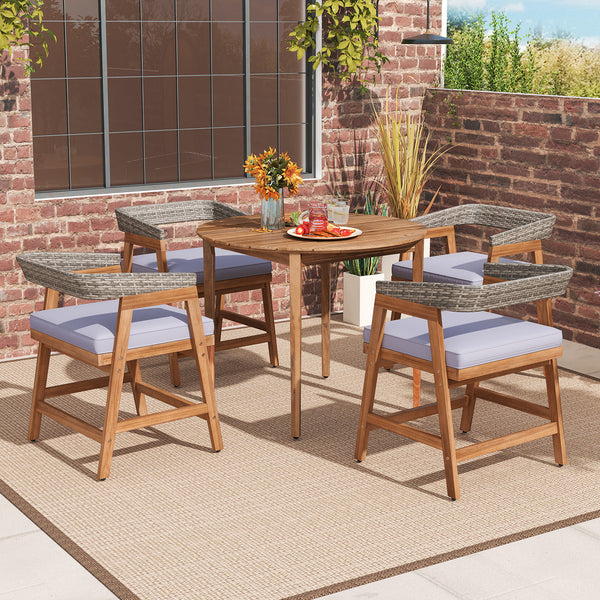 Constructed of high-quality acacia wood for strong support<br>Strengthened by sturdy crossbars and adjustable footpads<br>Premium rattan for more elegance and long-lasting use<br>Ergonomic backrest makes your more relaxed<br>Soft padded seat cushions for 