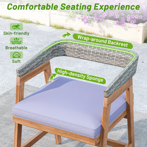 Constructed of high-quality acacia wood for strong support<br>Strengthened by sturdy crossbars and adjustable footpads<br>Premium rattan for more elegance and long-lasting use<br>Ergonomic backrest makes your more relaxed<br>Soft padded seat cushions for 