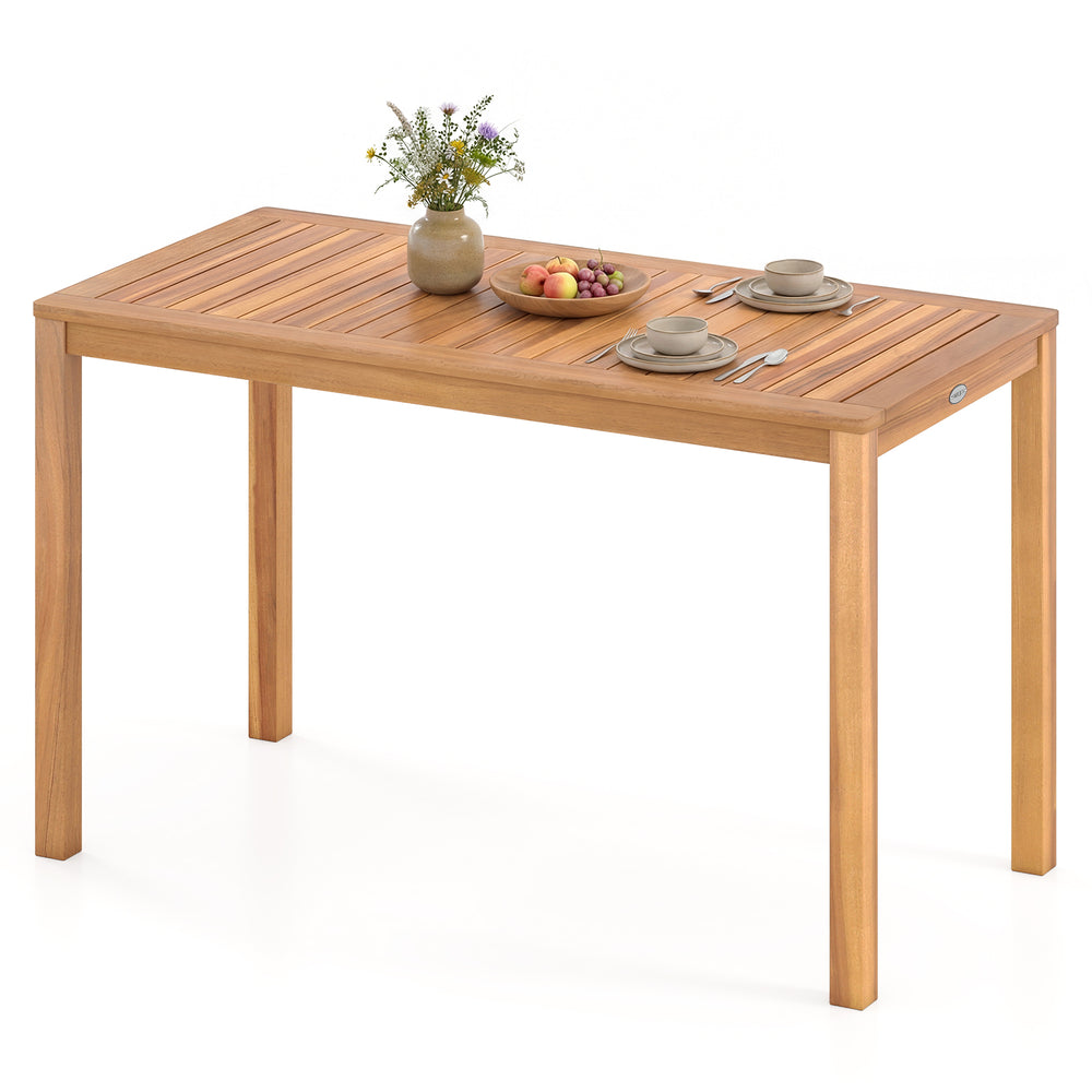 Solid acacia wood is used for its high durability Â  The surface is splinter-free for safe  smooth touch Accommodate 4-6 people with 48" x 24" rectangular tabletop Make it safe to use thanks to the rounded corners The reinforced crossbar provides addition