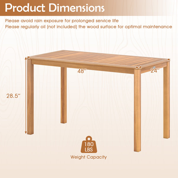 Solid acacia wood is used for its high durability Â  The surface is splinter-free for safe  smooth touch Accommodate 4-6 people with 48" x 24" rectangular tabletop Make it safe to use thanks to the rounded corners The reinforced crossbar provides addition