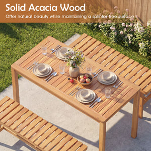 Solid acacia wood is used for its high durability Â  The surface is splinter-free for safe  smooth touch Accommodate 4-6 people with 48" x 24" rectangular tabletop Make it safe to use thanks to the rounded corners The reinforced crossbar provides addition