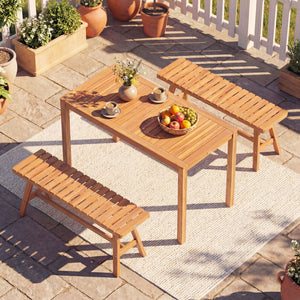 Solid acacia wood is used for its high durability Â  The surface is splinter-free for safe  smooth touch Accommodate 4-6 people with 48" x 24" rectangular tabletop Make it safe to use thanks to the rounded corners The reinforced crossbar provides addition