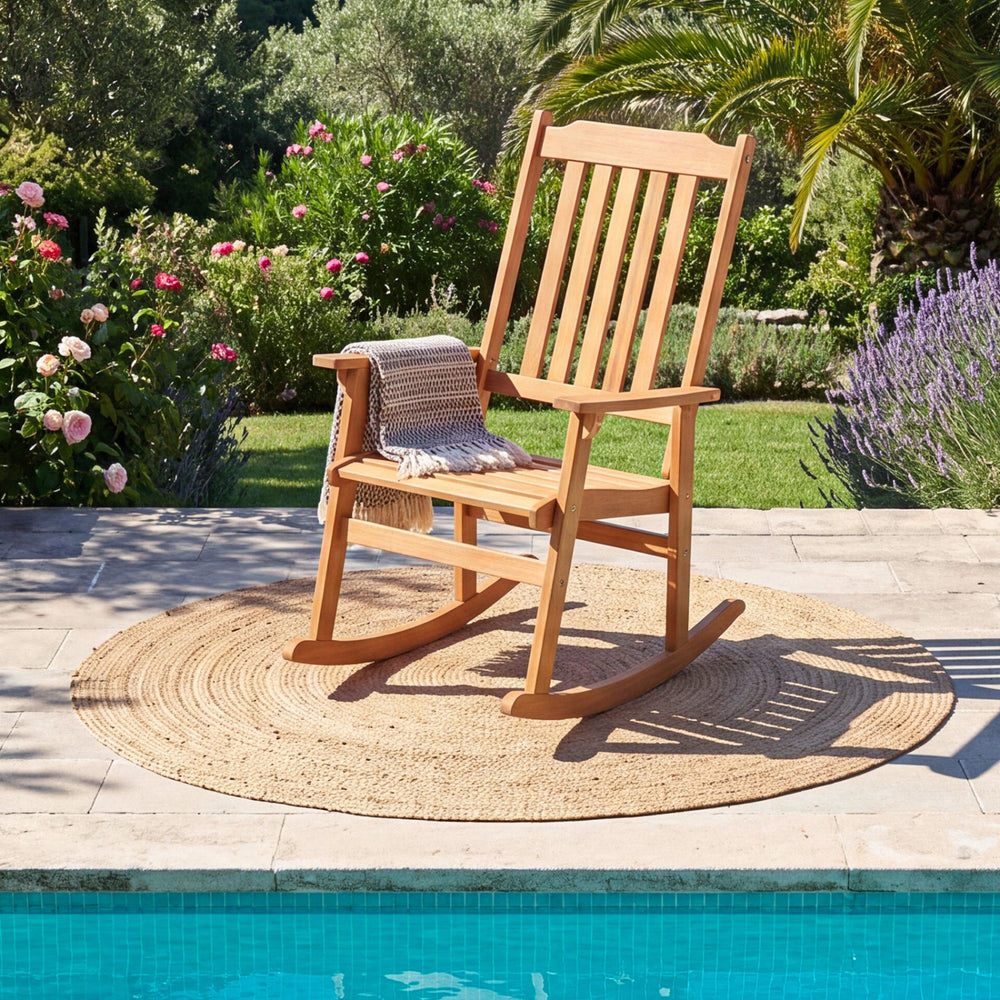 Acacia wood combines lasting strength with natural appeal<br>Soothing rocking enhances your outdoor relaxation moments<br>Perfect option for your reading  sunbathing or relaxing outdoors<br>Stable construction supports up to 400 lbs reliably<br>Slatted hi
